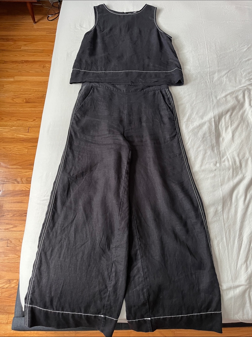 100% black linen set (top AND pants) with white stitching